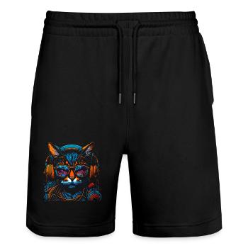 Neon DJ-Katze mit Kopfhörern - Stanley/Stella Unisex Bio Joggingshorts Trainer  - Schwarz - Vorne - Nik (191cm) & Marisol (170cm)