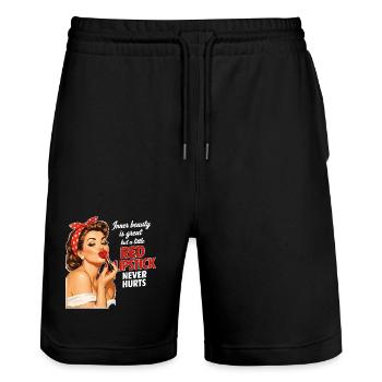 Pin-Up Girl Rétro Design : rouge à lèvres rouge - Short de jogging bio TRAINER Stanley/Stella unisexe - noir - Devant - Nik (191cm) & Marisol (170cm)