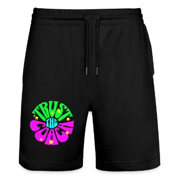 Tennis Trainer Shirt, Trust the Coach hoodie - Stanley/Stella Trainer Unisex Organic Jogging Shorts - black - Front - Nik (191cm) & Marisol (170cm)