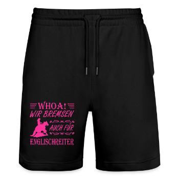 WHOA Wir bremsen für Englischreiter Sliding Stop - Stanley/Stella Unisex Bio Joggingshorts Trainer  - Schwarz - Vorne - Nik (191cm) & Marisol (170cm)