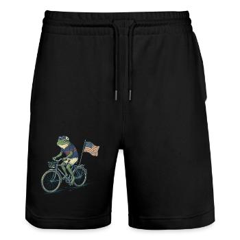 Funny Frog Riding Bicycle with American Flag - Stanley/Stella Trainer Unisex Organic Jogging Shorts - black - Front - Nik (191cm) & Marisol (170cm)