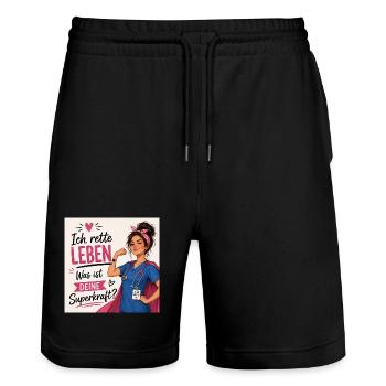 Ich rette Leben. Was ist deine Superkraft? - Stanley/Stella Unisex Bio Joggingshorts Trainer  - Schwarz - Vorne - Nik (191cm) & Marisol (170cm)