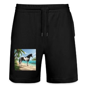 Ein Abaco Barbe-Pferd und eine bahamaische Landschaft - Stanley/Stella Unisex Bio Joggingshorts Trainer  - Schwarz - Vorne - Nik (191cm) & Marisol (170cm)