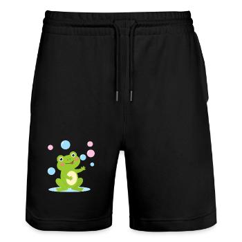 Green cartoon frog with soap bubbles – fun - Stanley/Stella Trainer Unisex Organic Jogging Shorts - black - Front - Nik (191cm) & Marisol (170cm)