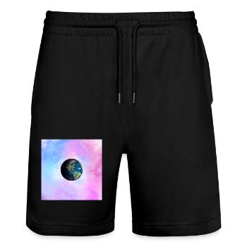 Earth globe in front of pastel galaxy - Stanley/Stella Trainer Unisex Organic Jogging Shorts - black - Front - Nik (191cm) & Marisol (170cm)