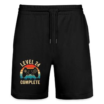 Level 24 complete – 24th anniversary gift - Stanley/Stella Trainer Unisex Organic Jogging Shorts - black - Front - Nik (191cm) & Marisol (170cm)