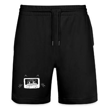 Kassette Cat Grafik - Stanley/Stella Unisex Bio Joggingshorts Trainer  - Schwarz - Vorne - Nik (191cm) & Marisol (170cm)