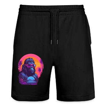 Gorille Synthwave portant des lunettes de soleil - Short de jogging bio TRAINER Stanley/Stella unisexe - noir - Devant - Nik (191cm) & Marisol (170cm)