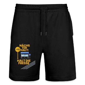 Nächster Halt, halt die Fresse - Stanley/Stella Unisex Bio Joggingshorts Trainer  - Schwarz - Vorne - Nik (191cm) & Marisol (170cm)