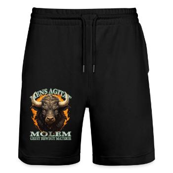 MENS AGITAT MOLEM - Geist bewegt Materie - Büffel - Stanley/Stella Unisex Bio Joggingshorts Trainer  - Schwarz - Vorne - Nik (191cm) & Marisol (170cm)
