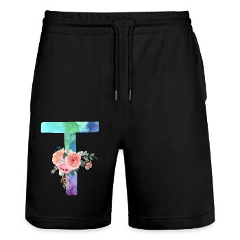 Lettre T watercolor - Short de jogging bio TRAINER Stanley/Stella unisexe - noir - Devant - Nik (191cm) & Marisol (170cm)
