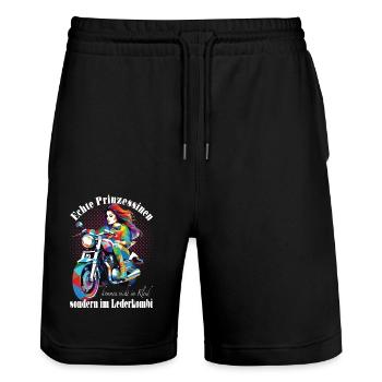 Frau Girl Power Motorrad Bikerin - Stanley/Stella Unisex Bio Joggingshorts Trainer  - Schwarz - Vorne - Nik (191cm) & Marisol (170cm)