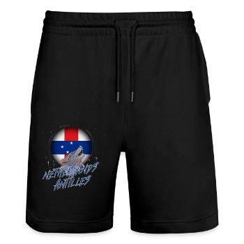 Netherlands Antilles - Stanley/Stella Trainer Unisex Organic Jogging Shorts - black - Front - Nik (191cm) & Marisol (170cm)
