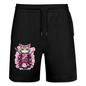 Samurai Cat & Cherry Blossoms #7 - Stanley/Stella Trainer Unisex Organic Jogging Shorts - black - Front - Nik (191cm) & Marisol (170cm)