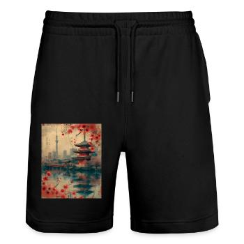 Eastern Harmony: Vintage Tokyo Skyline with Cherry - Stanley/Stella Trainer Unisex Organic Jogging Shorts - black - Front - Nik (191cm) & Marisol (170cm)