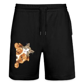 Peeking Border Collie dog and cute kitten - Stanley/Stella Trainer Unisex Organic Jogging Shorts - black - Front - Nik (191cm) & Marisol (170cm)
