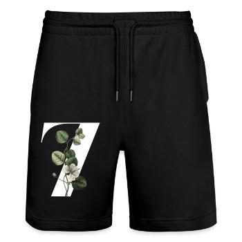 Nummer 7 Blumengrün -7. Blumengeburtstag - Stanley/Stella Unisex Bio Joggingshorts Trainer  - Schwarz - Vorne - Nik (191cm) & Marisol (170cm)