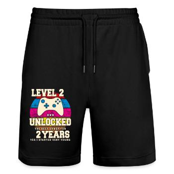 Original 2022 2 Year Old Level 2 Unlock - Stanley/Stella Trainer Unisex Organic Jogging Shorts - black - Front - Nik (191cm) & Marisol (170cm)