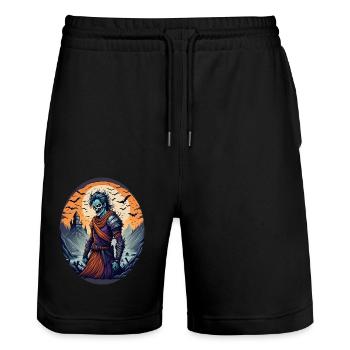 Gruseliges Halloween-partykostüm Zombie-krieger - Stanley/Stella Trainer Unisex Organic Jogging Shorts - black - Front - Nik (191cm) & Marisol (170cm)