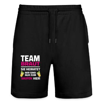 Team Bride - Elle va se marier, on est là pour boire - Short de jogging bio TRAINER Stanley/Stella unisexe - noir - Devant - Nik (191cm) & Marisol (170cm)