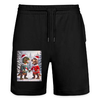 Dinosaur ugly Christmas sweater winter xmas - Stanley/Stella Trainer Unisex Organic Jogging Shorts - black - Front - Nik (191cm) & Marisol (170cm)