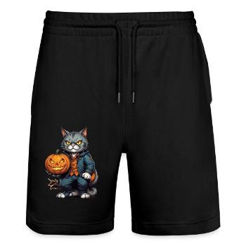 Halloween - Cat Horror with Pumpkin - Stanley/Stella Trainer Unisex Organic Jogging Shorts - black - Front - Nik (191cm) & Marisol (170cm)