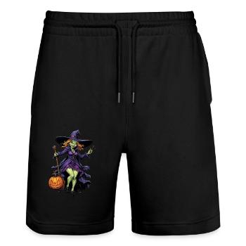 Halloween Hexe Mit Kürbis Illustration - Stanley/Stella Unisex Bio Joggingshorts Trainer  - Schwarz - Vorne - Nik (191cm) & Marisol (170cm)