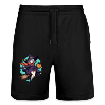Cute witch with broom and bats - Stanley/Stella Trainer Unisex Organic Jogging Shorts - black - Front - Nik (191cm) & Marisol (170cm)