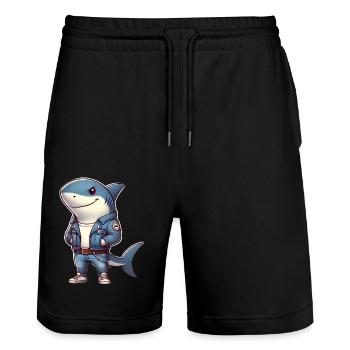 Cooler Hai im Jeansjacken-Design - Stanley/Stella Unisex Bio Joggingshorts Trainer  - Schwarz - Vorne - Nik (191cm) & Marisol (170cm)