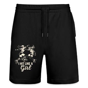 I Hit Like A Girl Skating Roller Derby - Stanley/Stella Trainer Unisex Organic Jogging Shorts - black - Front - Nik (191cm) & Marisol (170cm)