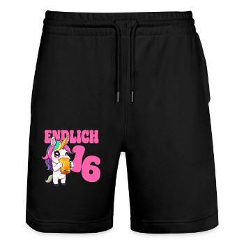 Bier Einhorn Endlich 16 Jahre Geburtstag Alkohol - Stanley/Stella Unisex Bio Joggingshorts Trainer  - Schwarz - Vorne - Nik (191cm) & Marisol (170cm)