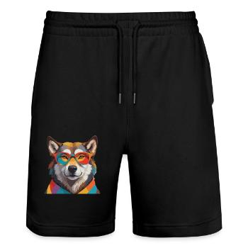 Wolf Cool mit Brille Bunt - Stanley/Stella Unisex Bio Joggingshorts Trainer  - Schwarz - Vorne - Nik (191cm) & Marisol (170cm)