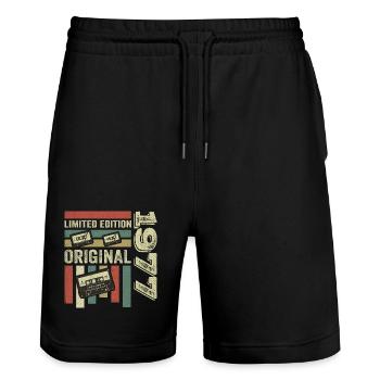 Vintage 1977 - Retro Geburtstagsspruch 1977 - Stanley/Stella Unisex Bio Joggingshorts Trainer  - Schwarz - Vorne - Nik (191cm) & Marisol (170cm)