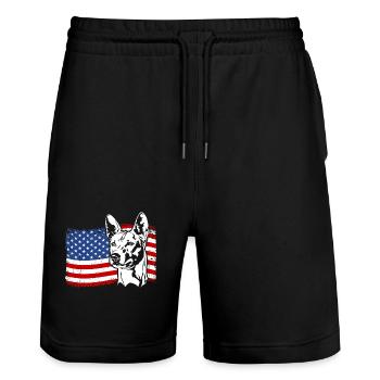 Basenji US Amerika Fahne Hunde Wilsigns - Stanley/Stella Unisex Bio Joggingshorts Trainer  - Schwarz - Vorne - Nik (191cm) & Marisol (170cm)