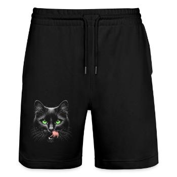 Cat with green eyes and tongue sticking out - Stanley/Stella Trainer Unisex Organic Jogging Shorts - black - Front - Nik (191cm) & Marisol (170cm)