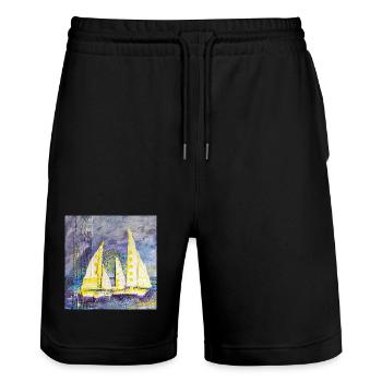 Farbenfroher Segelboot-Motiv im Expressionismus - Stanley/Stella Unisex Bio Joggingshorts Trainer  - Schwarz - Vorne - Nik (191cm) & Marisol (170cm)