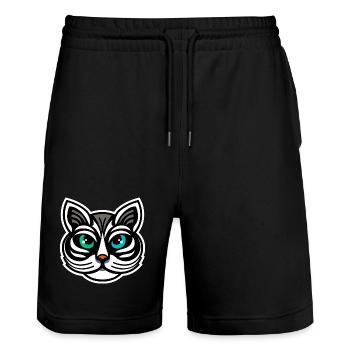 Whimsical Odd-Eyed Cat Cartoon Design - Stanley/Stella Trainer Unisex Organic Jogging Shorts - black - Front - Nik (191cm) & Marisol (170cm)
