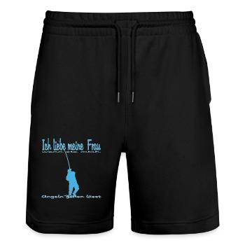 Angler Motif with Saying - Stanley/Stella Trainer Unisex Organic Jogging Shorts - black - Front - Nik (191cm) & Marisol (170cm)