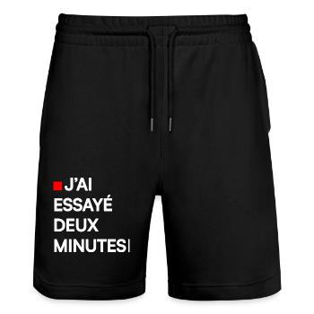 J’AI ESSAYÉ DEUX MINUTES | Humour autodérision - Short de jogging bio TRAINER Stanley/Stella unisexe - noir - Devant - Nik (191cm) & Marisol (170cm)