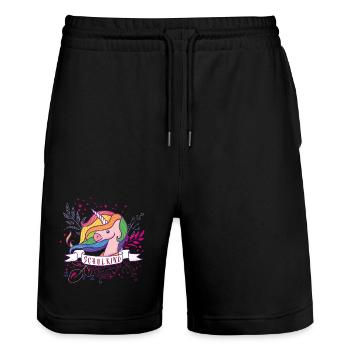 Schulkind Unicorn Regenbogen  - Stanley/Stella Unisex Bio Joggingshorts Trainer  - Schwarz - Vorne - Nik (191cm) & Marisol (170cm)