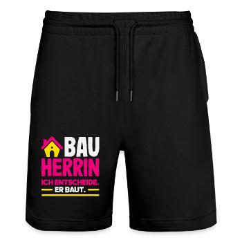 Bauherrin Ich entscheide Er baut Hausbau - Stanley/Stella Unisex Bio Joggingshorts Trainer  - Schwarz - Vorne - Nik (191cm) & Marisol (170cm)