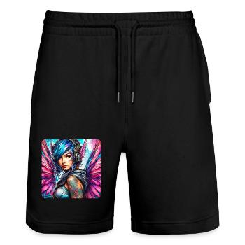 Ange cyberpunk cool avec des écouteurs - Short de jogging bio TRAINER Stanley/Stella unisexe - noir - Devant - Nik (191cm) & Marisol (170cm)