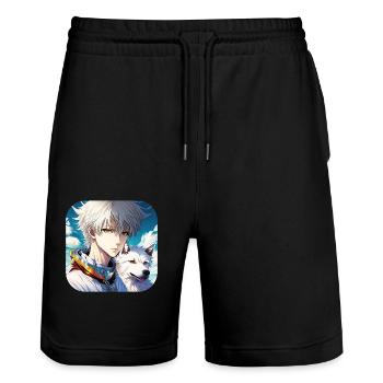 Anime Boy und Weißer Manga Schäferhund - Stanley/Stella Unisex Bio Joggingshorts Trainer  - Schwarz - Vorne - Nik (191cm) & Marisol (170cm)