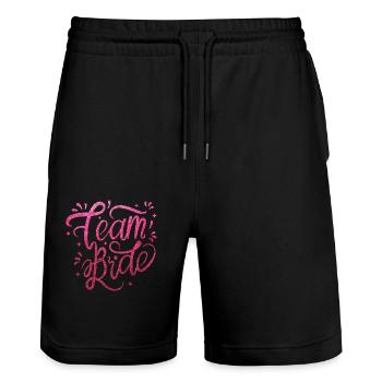 Team Bride en paillettes roses pour votre enterrement de vie de garçon - Short de jogging bio TRAINER Stanley/Stella unisexe - noir - Devant - Nik (191cm) & Marisol (170cm)