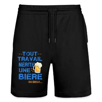 Tout travail mérite une bière cadeau apèro alcool - Short de jogging bio TRAINER Stanley/Stella unisexe - noir - Devant - Nik (191cm) & Marisol (170cm)