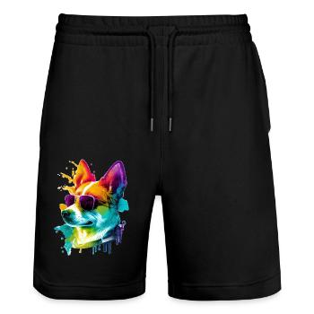 Colorful cool corgi dog with sunglasses - Stanley/Stella Trainer Unisex Organic Jogging Shorts - black - Front - Nik (191cm) & Marisol (170cm)