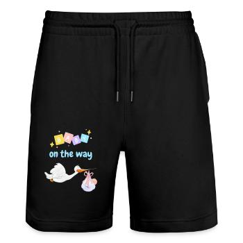 Baby on the way mit Storch 2 - blau - Stanley/Stella Unisex Bio Joggingshorts Trainer  - Schwarz - Vorne - Nik (191cm) & Marisol (170cm)