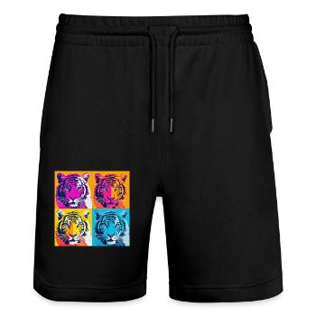 Colorful Tiger Majesty: Vibrant Pop Art T-Shirt - Stanley/Stella Trainer Unisex Organic Jogging Shorts - black - Front - Nik (191cm) & Marisol (170cm)
