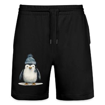 T-shirt pingouin chiot : Adorable espièglerie de l’Antarctique - Short de jogging bio TRAINER Stanley/Stella unisexe - noir - Devant - Nik (191cm) & Marisol (170cm)