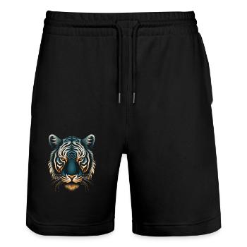 Captivating Op Art Tiger in Blue and Ochre - Stanley/Stella Trainer Unisex Organic Jogging Shorts - black - Front - Nik (191cm) & Marisol (170cm)